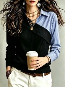 Glimmora Women's Striped Colorblock Casual Daily Long Sleeve T-Shirt - Multicolor - View 4