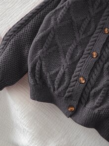 SHEIN 女童純色針織圓領花瓣袖休閒開襟外套 秋冬毛衣 - 灰色 - 查看 9