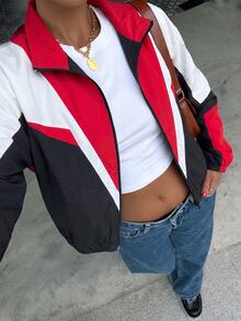SHEIN EZwear 女款休閒拼色寬鬆前拉鍊長袖薄款夾克，杏色風格運動外套，秋冬服飾，適合日常通勤、聚會、夏季、聖誕節、新年、感恩節、派對、婚禮、海灘、出遊、約會、情人節，優雅度假 Y2K 風格 - 彩色 - 查看 7