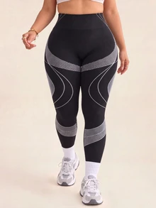 SHEIN Plus Size Women's Colorblock Casual Daily Wear Sports Tight Leggings - Black - View 3