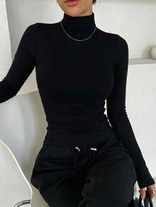 DAZY 青少年女孩純色立領休閒日常長袖T恤 - 黑色 - 查看 2