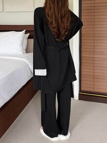 Livesso Women's Lace Patchwork Camisole Top And Long Pants With Cardigan Pajama Set - Black - View 2