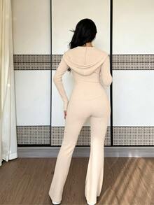 SHEIN Raffinéa Casual Fashion Daily Versatile Hooded Sweatshirt With Cinching Waist And Pockets, Flared Ribbed Knit Pants, 2 Pieces Set For Women, Autumn/Winter - Apricot - View 2