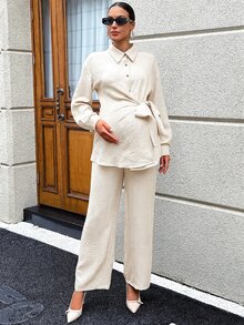 SHEIN 孕婦紋理長袖上衣與可調腰長褲 2 件套裝 - 杏色 - 查看 6