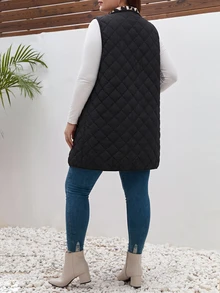 Lounesse Jaket Musim Dingin Tanpa Lengan Kasual Wanita Ukuran Besar Motif Leopard dengan Lapisan Dalam dan Resleting Depan, Mantel Kasual untuk Harian Wanita, Mantel Kerja Kasual Musim Gugur/Musim Dingin - Hitam - View 3