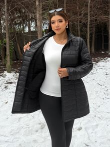 Muchica Plus Size Women's Solid Color Stand Collar Long Sleeve Zipper Front Winter Thick Coat - Black - View 7