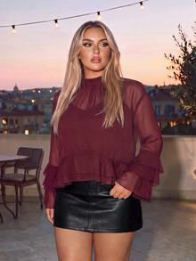 Auralis Plus Size Women's Burgundy Loose Fashion Ruffle Hem Simple Daily Vacation Outfit Blouse Top - Brown - View 7