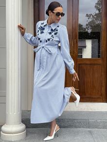 MaterniWear Maternity Floral Embroidered Striped Long Sleeve Elegant Shirt Dress - Blue - View 4