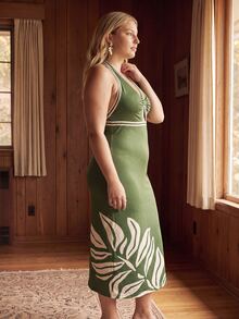 CAJUNI Plus Size Women's Tropical Plant Print Sexy Halter Neck Vacation Dress - Green - View 3