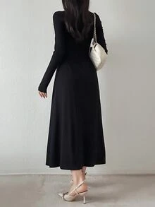 FRIFUL Women's Round Neck Embroidered Long Sleeve Solid Color Midi Dress Dinner Tea Party Date Night Black And White Fall French Lace Mature Elegant - Pearl White - View 4