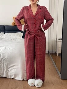 Napfluff Red Plaid Women's Patchwork Plush Open Front Pajama Set, 2 Pieces - Red - View 6