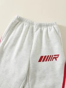 SHEIN 小男孩秋冬休閒字母印花側條紋寬腿運動束口長褲 - 黑色 - 查看 4