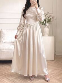 Celisse Gaun Satin Lengan Lentera Leher Tinggi - Aprikot - View 6