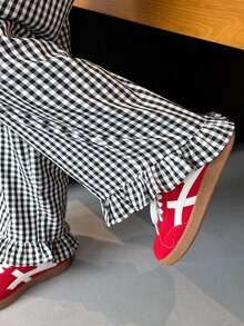 K-Vae Women's Korean Style Black & White Plaid Drape Ruffle Hem Casual Wide Leg Pants - Black and White - View 1