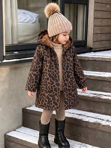 Young Girl Leopard Print Hooded Jacket With Fleece Lining, Button Front Long Sleeve Casual Coat For - Brown - View 4