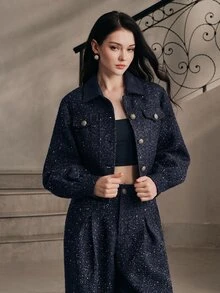 Anewsta Women's Autumn/Winter Modern Versatile Commuter Metallic Thread Tweed Jacket With Metal Buckle Lapel And Double Pockets, Short Style - Navy Blue - View 6