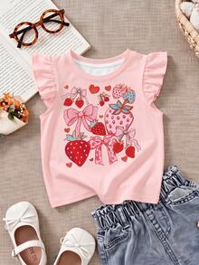 Baby Girl Casual Fashion Cute Flutter Sleeve Round Neck Top Suitable For Spring And Summer - Multicolor - View 3