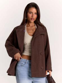 SHEIN BAE Mantel Wanita Polos Kerah Tinggi Kancing Dekorasi Saku Ganda Longgar Kasual Modis - Mocha Brown - View 3