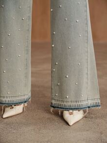 Anewsta Flared Rhinestone Studded Denim Jeans - Blue - View 2