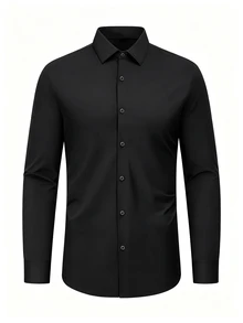 Manfinity Mode Men's Slim Fit Long-Sleeve Shirt, Solid Black Button-Down Dress Shirt, Business Style - Black - View 3