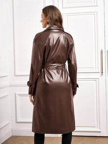 SHEIN Clasi 女款純色PU皮革抓絨內裡時尚百搭日常休閒風衣 - 咖啡棕 - 查看 3
