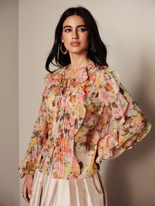 BELROSIE بلوزة طويلة الأكمام بتصميم متعدد الطبقات مع حافة كشكشة، بياقة على شكل حرف V، بنقشة زهور صغيرة وعلامة مائية، بأسلوب أوروبي وأمريكي، موضة جديدة للخريف/الشتاء، متعددة الاستخدامات - متعدد الألوان - مشاهدة 5