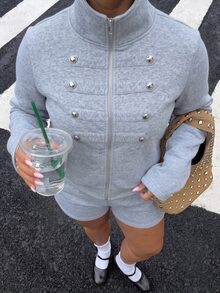 Muchica Plus Size Double-Breasted High Neck Long Sleeve Jacket And Shorts 2 Pieces Set - Grey - View 4