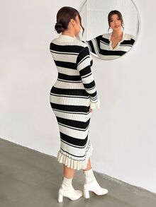 Firerie French Style Polo Collar Black & White Ribbed Ribbed Slim Fit Flare Long Sleeve Ruffle Mid-Length Knit Dress For Commute - Black and White - View 2