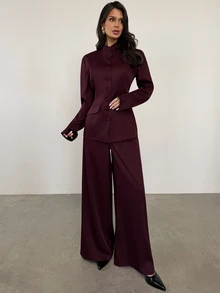 Firerie Women's Solid Color Long Sleeve Jacket And Pants Casual Commute Suit Set - Red Violet - View 6