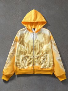 ROMWE MEN 男士寬鬆華夫格布料天使印花拉鍊連帽外套 - 黃色 - 查看 6