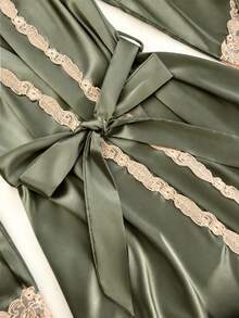 SilkySpell 5-Piece Contrast Trim Faux Silk Camisole, Shorts, Pants, Robe And Nightgown Set - Army Green - View 5