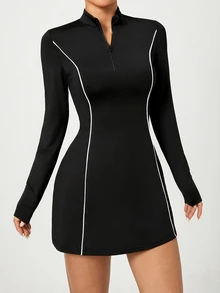 Dewbera Dewbera Women's Athletic Dress With Zipper, Slim Fit, Suitable For Tennis, Badminton, Golf - Black - View 4