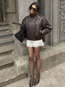 SHEIN SXY Women's Fashion High Neck Button Design Long Sleeve Jacket - Coffee Brown - View 5