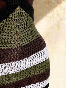 Amplova Striped Hat V-Neck Cutout Women's Mini Crochet Dress - Multicolor - View 11