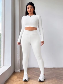 SHEIN EZwear 女款大尺碼白色保暖內裡休閒內搭褲，秋冬款 - 白色 - 查看 4