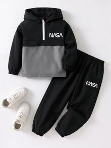SHEIN 2件組兒童小男孩休閒拼接連帽半拉鍊套頭寬鬆長袖外套與寬鬆慢跑長褲，梭織兩件套，適合學校、花園、海灘、生日，春夏秋冬四季皆宜 - 彩色 - 查看 1