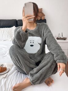 SHEIN Set Piyama Musim Dingin Wanita Lengan Panjang dan Celana Panjang Motif Anak Anjing Lucu - Grey - View 4