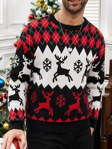 Manfinity Homme 聖誕男士動物圖案圓領長袖針織毛衣，可愛套頭毛衣，秋冬保暖，家庭氛圍感，親子情侶穿搭 - 彩色 - 查看 2