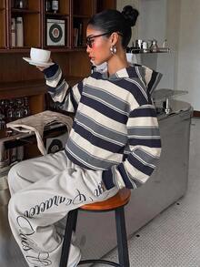 Muchica Women's Striped Pattern Hooded Drop Shoulder Sweatshirt, Casual Commute - Multicolor - View 6