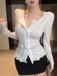 Dazy Tall Women's Round Neck Lace Patchwork Polka Dot Elegant T-Shirt - White - View 2
