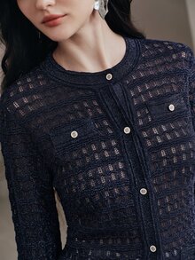 Anewsta 女款素色長袖單排扣鏤空針織開襟衫 - 藍色 - 查看 3