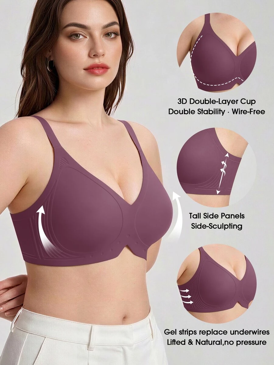 SHEIN 女款大尺碼果凍軟支撐無鋼圈聚攏胸罩,1件裝 - 紫色 - 查看 1