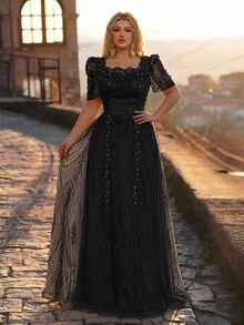 Glamrae Plus Size Elegant Romantic Square Neck Short Sleeve Sheer Rhinestone & Pearl Embellished Full A-Line Heavy Work Evening Dress For Wedding, Party, Celebration, Formal Occasion And Event - Black - View 4