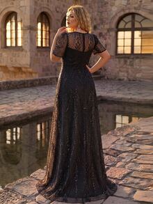 Glamrae Plus Size Elegant Romantic Square Neck Short Sleeve Sheer Rhinestone & Pearl Embellished Full A-Line Heavy Work Evening Dress For Wedding, Party, Celebration, Formal Occasion And Event - Black - View 2