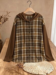 Rusticease Plus Size Brown Drawstring Button Front Ribbed Hooded 3/4 Sleeve Jacket Casual Outerwear Fall Winter 2026 - Brown - View 3
