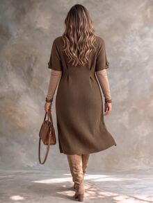 Ceyna Plus Size Women's Fashion Textured Stand Collar Short Sleeve Brown Knit Dress Casual Versatile Commute Autumn/Winter - Brown - View 2
