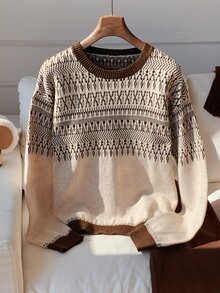 Comfortcana Sweater Kasual Serbaguna Lengan Panjang Bergaris Kerah Bulat untuk Wanita - Aprikot - View 4