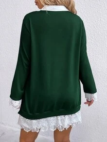 SHEIN LUNE 大尺碼女款對比蕾絲 2 合 1 休閒寬鬆衛衣 - 墨綠色 - 查看 2
