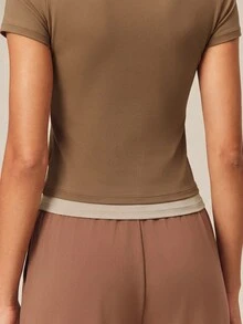 OutZeal Women Sports Tee Gym Workout Casual Soft Slim-Fit Front Half Zip Short Sleeve T-Shirt Summer - Brown - View 7