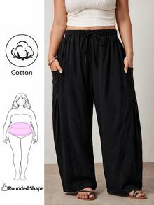 Enliva Plus Size Cotton Blend Drawstring Loose Pants With Pockets Compatible With Apple Body Round Body - Black - View 1